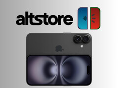 Logo AltStore i meloNX nad iPhone'em 16 (źródło obrazu: Apple, AltStore, meloNX z poprawkami)