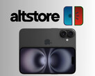 Logo AltStore i meloNX nad iPhone'em 16 (źródło obrazu: Apple, AltStore, meloNX z poprawkami)