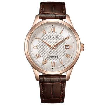 Widok z przodu automatycznego zegarka Citizen NJ0252-05A z kopertą w kolorze różowego złota, srebrną tarczą o fakturze, cyframi rzymskimi oraz brązowym skórzanym paskiem.