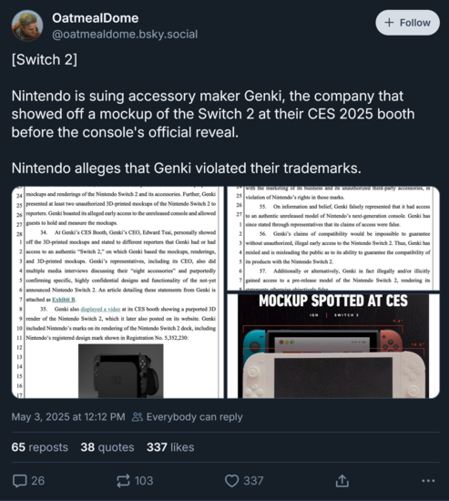 Pozew Nintendo Genki przeciwko Bluesky (źródło obrazu: konto OatmealDome Blusky)