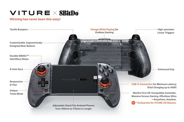 Kontroler do gier Viture x 8BitDo Ultimate Mobile Gaming Controller posiada port USB-C w górnej części do ładowania przelotowego. (Źródło zdjęcia: Viture)