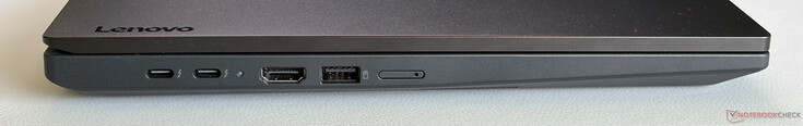 Po lewej: 2x USB-C 4.0 z Thunderbolt 4 (40 Gb/s, DisplayPort 1.4a, Power Delivery), HDMI 2.1, USB-A 3.2 Gen. 1 (5 Gb/s, Always-On), Nano-SIM