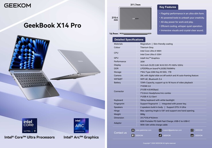 Arkusz danych Geekom GeekBook X14 Pro (źródło obrazu: Geekom)