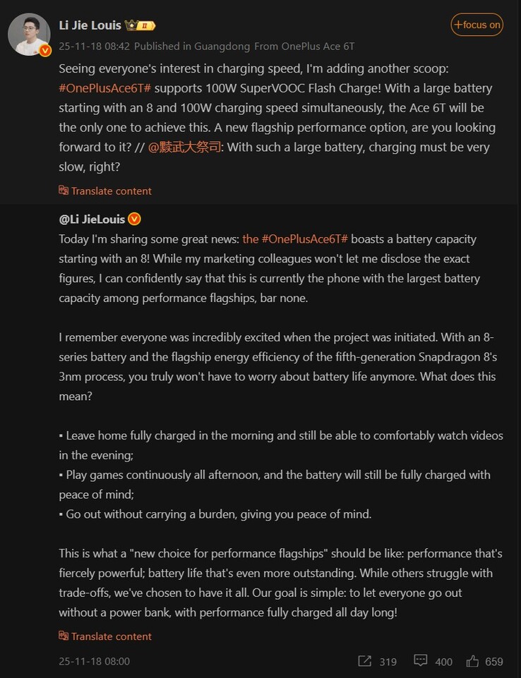 Li Jie Louis mówi o baterii i szybkości ładowania OnePlus Ace 6T (źródło obrazu: Weibo - przetłumaczone maszynowo)