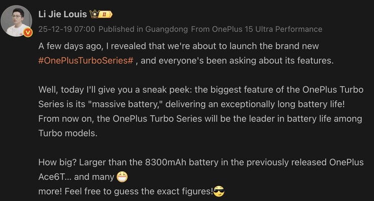 OnePlus potwierdza, że seria Turbo przekroczy 8 300 mAh baterii. (Źródło obrazu: Weibo - tłumaczenie maszynowe)