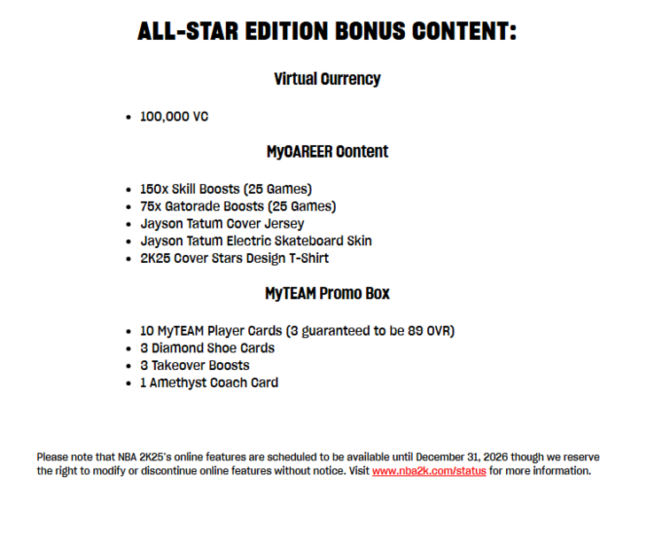 Zrzut ekranu z oficjalnego sklepu NBA 2K. Informacja na dole stanowi, że EA zastrzega sobie prawo do modyfikacji lub wycofania funkcji sieciowych bez wcześniejszego powiadomienia.