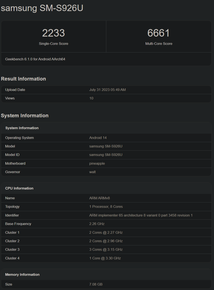 Qualcomm Snapdragon 8 Gen 3 Geekbench z Samsungiem Galaxy S24+ (zdjęcie za pośrednictwem Geekbench)