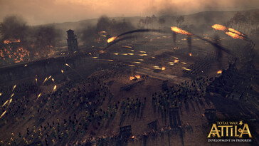 Ilustracja przedstawiająca bitwę i wielu żołnierzy w grze „Total War: Attila”.