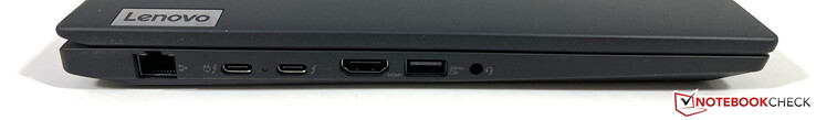 Po lewej: Gigabit Ethernet, 2x USB-C 4.0 z Thunderbolt 4 (40 Gbit/s, DisplayPort ALT mode 1.4, Power Delivery 3.0), HDMI 2.1, USB-A 3.2 Gen.1 (5 Gbit/s, Powered), port stereo 3,5-mm
