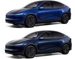 Model Y w nowym kolorze Marine Blue vs Deep Blue Metallic (u góry). (Źródło zdjęcia: Tesla)
