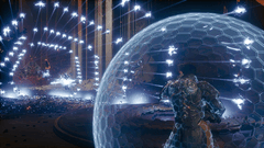 Arjun Devraj używa Tarczy Soltari przeciwko fali pocisków nadlatujących na Carcosę.