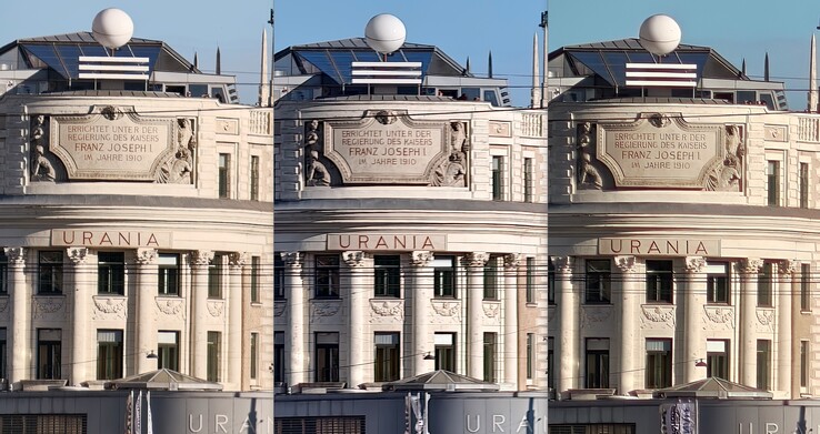 porównanie kadrowania z zoomem 20x: Po lewej: Oppo z zewnętrznym obiektywem. Środek: Vivo bez zewnętrznego obiektywu. Po prawej: Oppo bez zewnętrznego obiektywu.