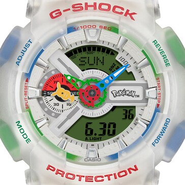 Zbliżenie na tarczę zegarka G-Shock GA-110 z motywem Pokémonów, przedstawiające wskazówkę w kształcie Pikachu oraz logo Pokémonów.