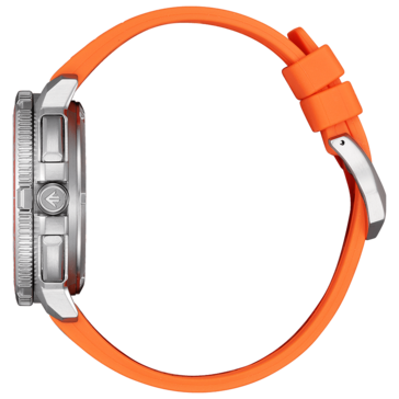 Zdjęcie produktu Citizen Promaster Wave Tracker JV3000-13E z profilu bocznego przedstawiające kopertę ze stali nierdzewnej, teksturowaną obrotową ramkę, przyciski i pomarańczowy gumowy pasek.
