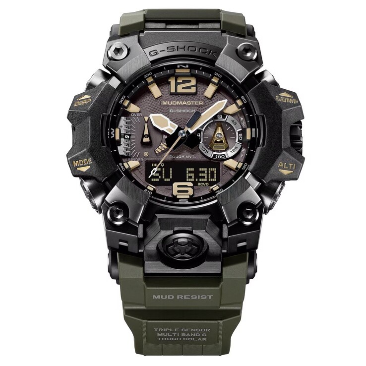 Zbliżenie tarczy zegarka G-Shock Mudmaster GWG-B1000-1A3 przedstawiające brązowe znaczniki godzinowe, świecące wskazówki, wyświetlacz cyfrowy oraz oznaczenia kompasu.