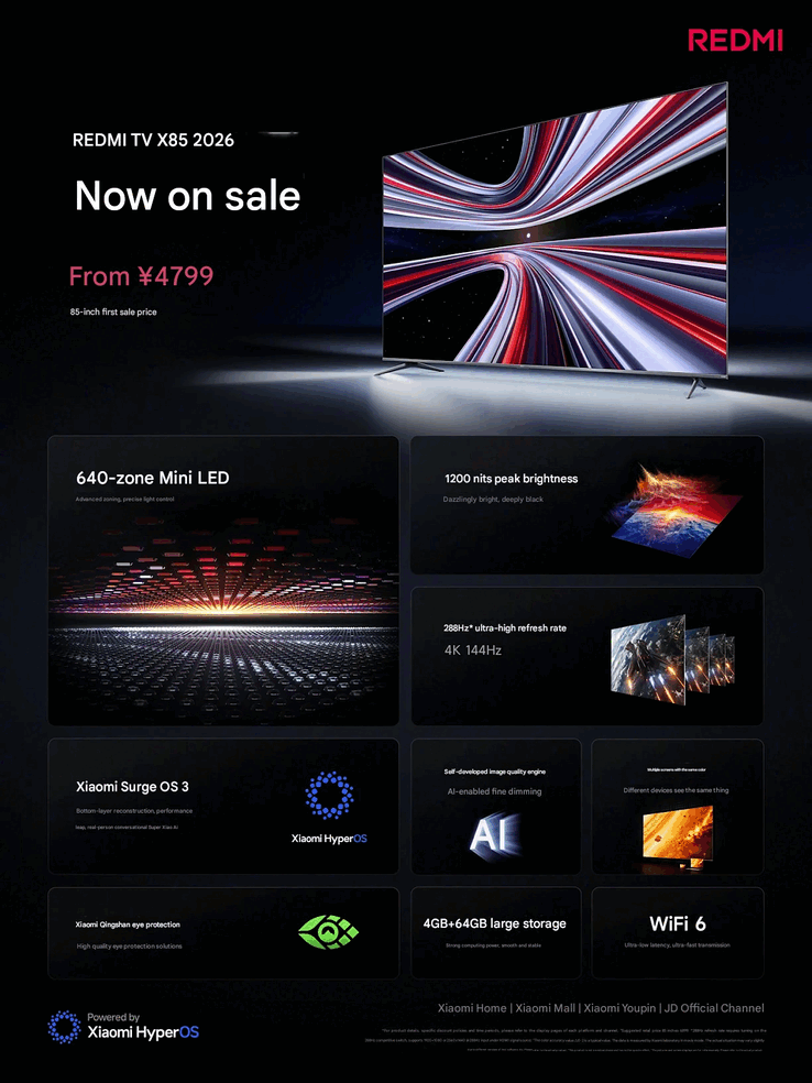 Specyfikacja Redmi TV X 2026 (źródło obrazu: Xiaomi China; tłumaczenie maszynowe)