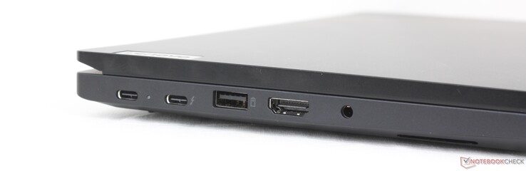 Po lewej: USB-C 3.2 Gen. 2 (20 Gb/s) z Power Delivery 3.0 + DisplayPort 1.4, USB-C Thunderbolt 4 (40 Gb/s) z Power Delivery 3.0 + DisplayPort 1.4, USB-A (10 Gb/s), HDMI 2.1, zestaw słuchawkowy 3,5 mm