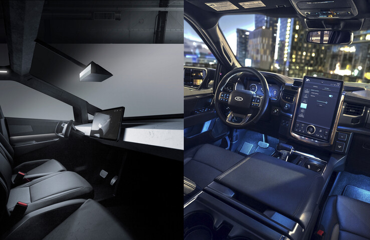 Dwa różne podejścia do projektowania kabiny, mimo elektrycznych podstaw. (Źródło obrazu: Tesla/Ford)