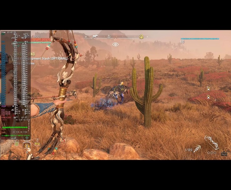 Zrzut ekranu z gry Horizon Zero Dawn Remastered uruchomionej na Bazzite OS przy użyciu Framework Desktop PC, pokazujący nakładkę wydajności w grze (źródło obrazu: ETA PRIME za pośrednictwem YouTube)